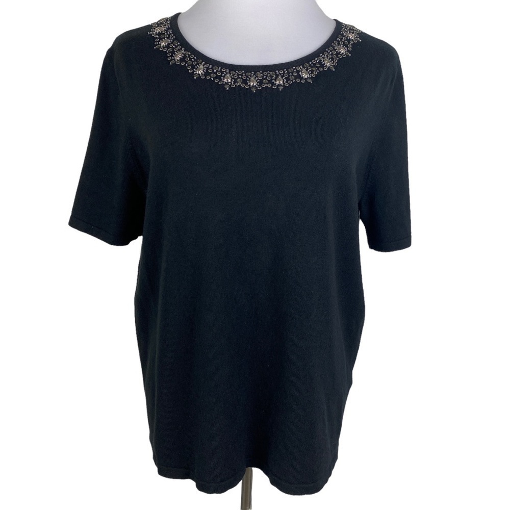 Samantha Grey Black Beaded Neckline Short Sleeve Sweater Women's‎ Medium
